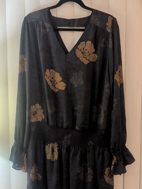 Chelsea 28, Dark Blue Long Sleeve  Drop Waist Mini Dress With Floral Detail. LG